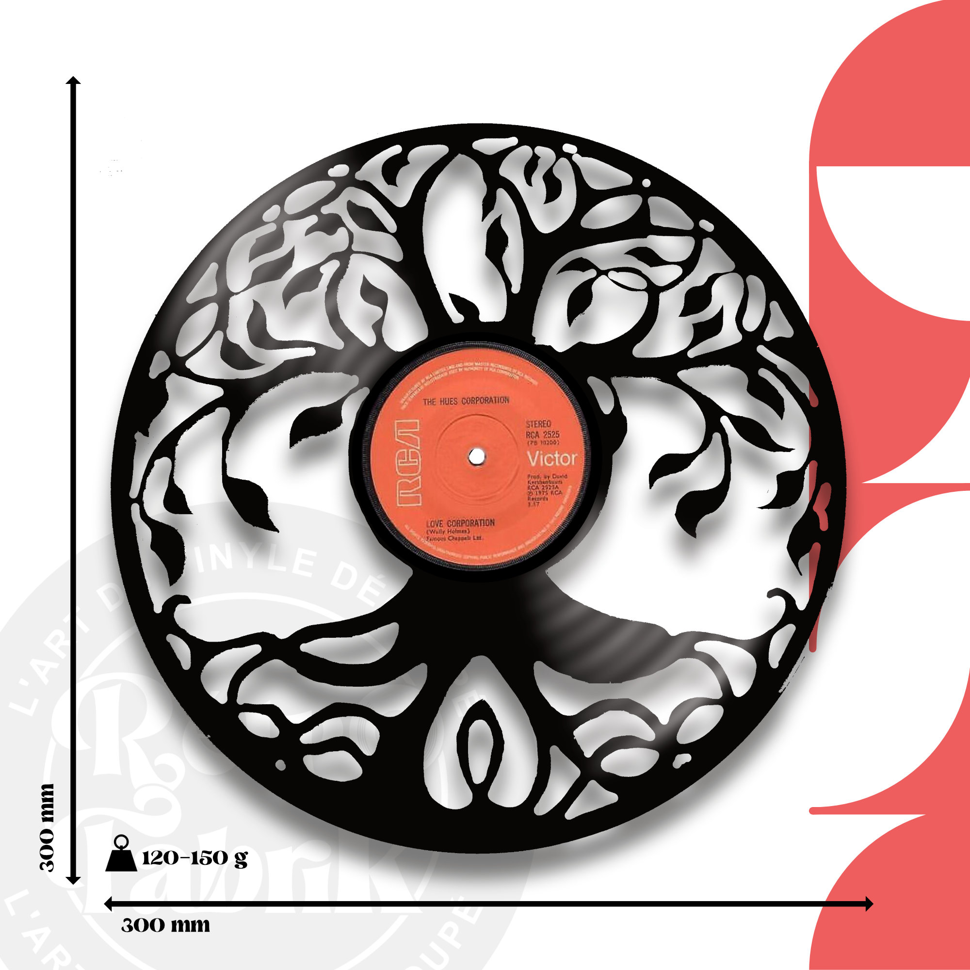 Retro Fabrik – Arbre de vie Vieux disque vinyle 33 tours découpé pour décoration murale originale. Possibilité de transformer la décoration en horloge